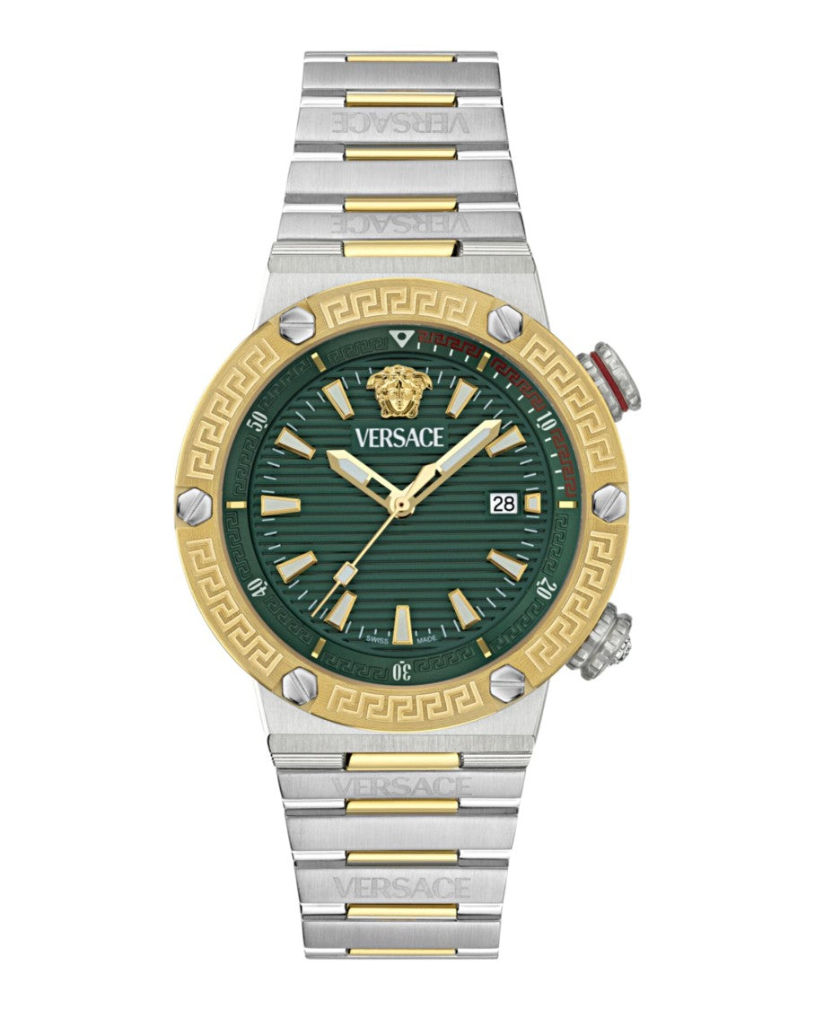 Versace Greca Logo Diver Bracelet Watch With Green Guilloche Dial