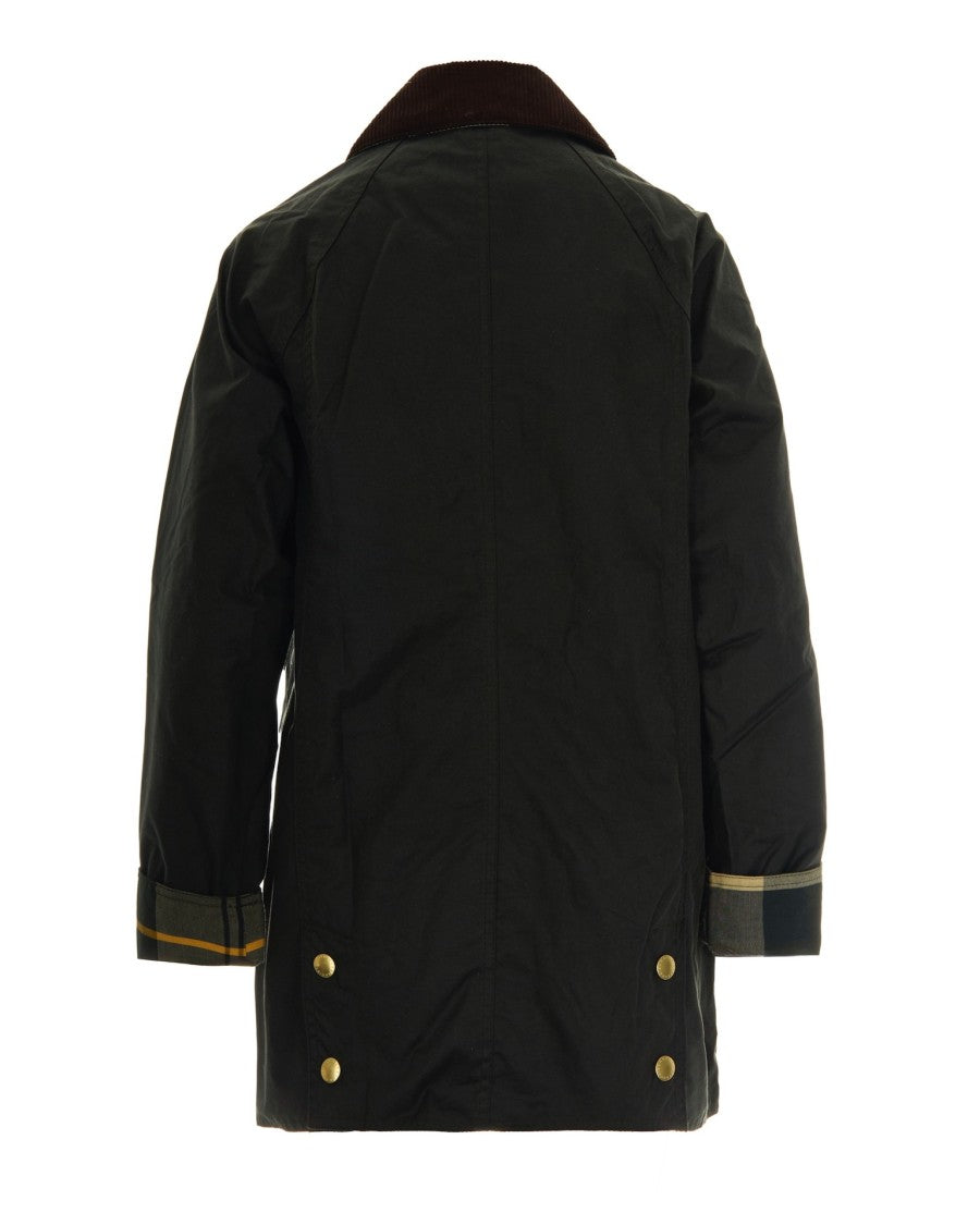 Barbour Waxed Cotton Jacket With Corduroy Collar And Tartan Lining