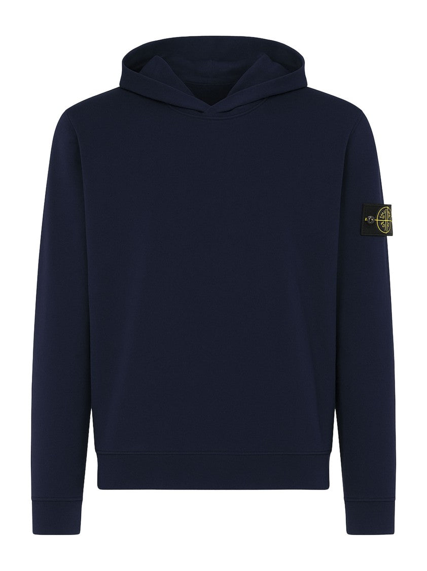 Stone Island Deep Blue Virgin Wool Hoodie With Distinctive Logo Badge