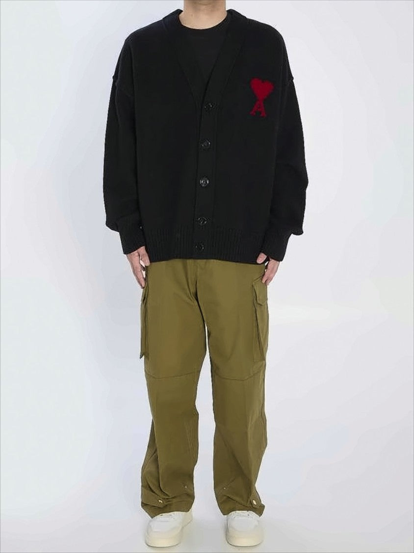 Ami Paris V-Neck Button-Down Wool Cardigan With Heart Embroidery