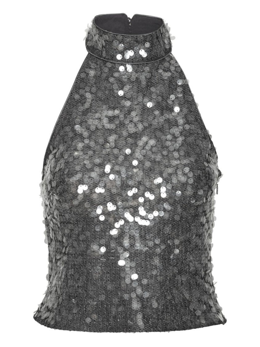 Rotate Sequined Silver Sleeveless Top With High Neckline