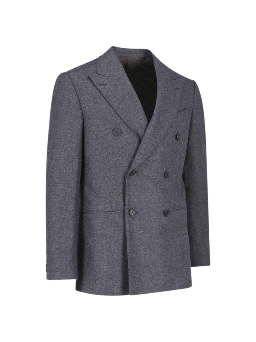 Caruso Grey Double-Breasted Wool-Cashmere Blazer