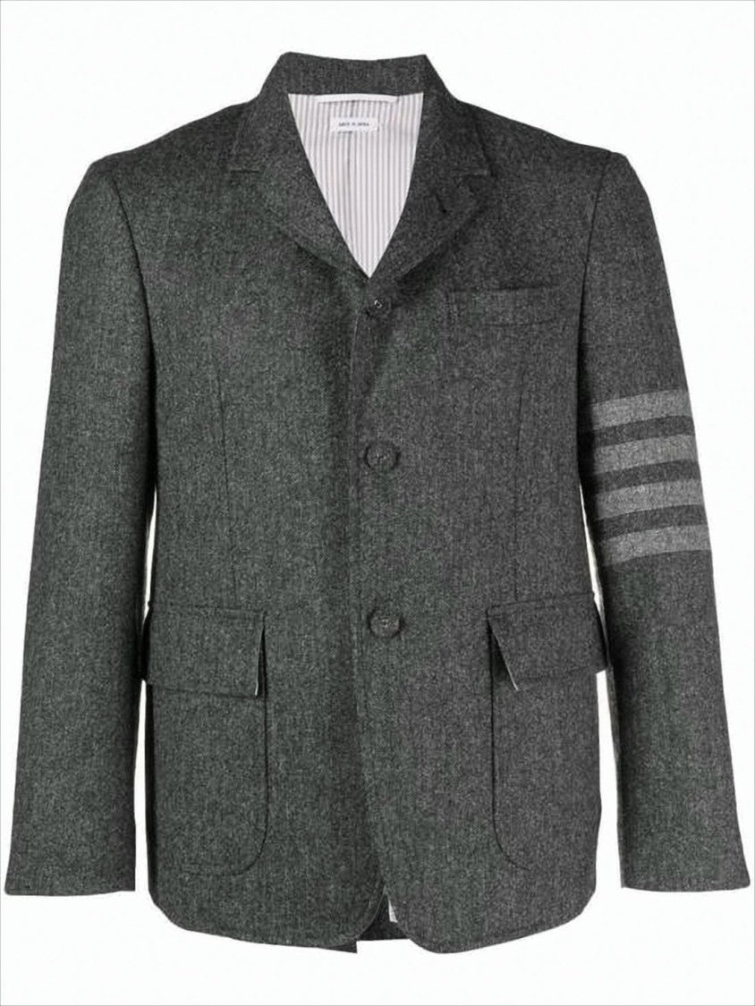 Thom Browne Tailored Grey Suit Jacket With Notch Lapel And Signature Stripes