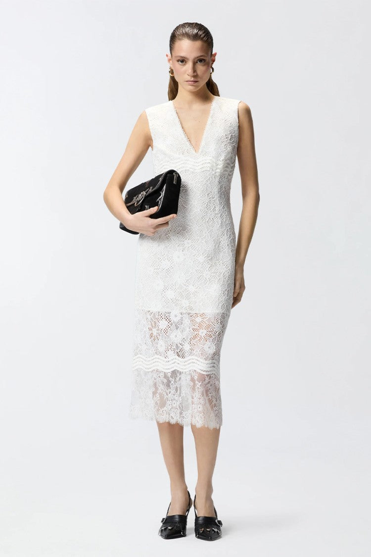 Pinko White Audrey Sleeveless V-Neck Zip Front Lace Midi Dress