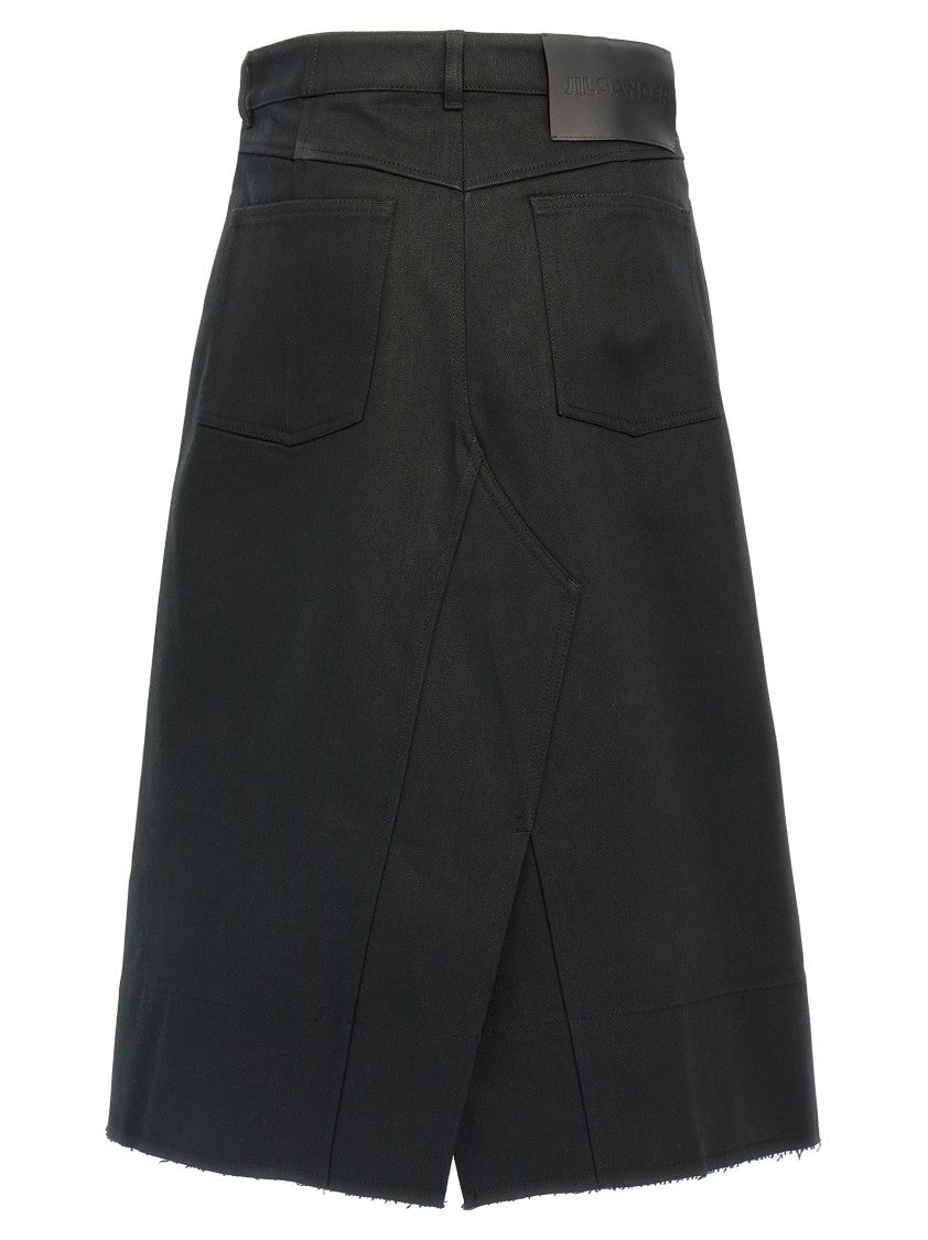 Jil Sander Flared Black Cotton Canvas Midi Skirt With Metal Closure