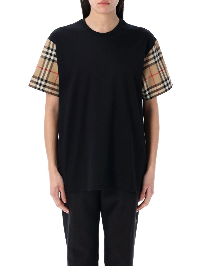 Burberry Check Sleeve Cotton T-Shirt With Ribbed Neckline