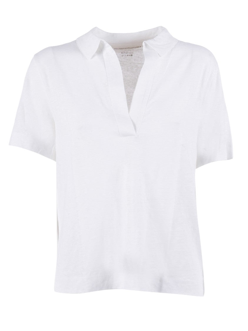 Filatures Du Lion White V Neck Short Sleeve Polo Shirt