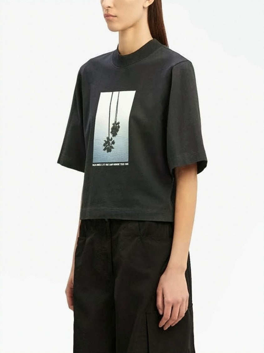 Palm Angels Cropped Black T-Shirt With Graphic Palm Trees