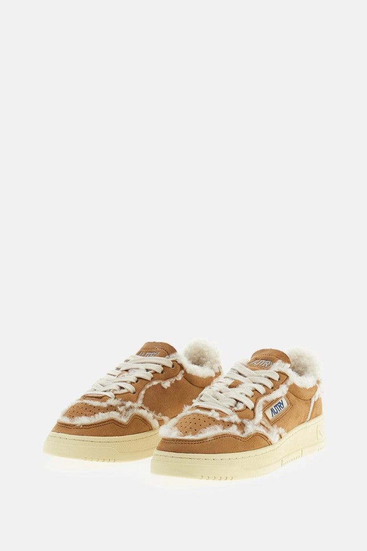 Autry Beige Cognac Medalist Low Suede Shearling Sneakers