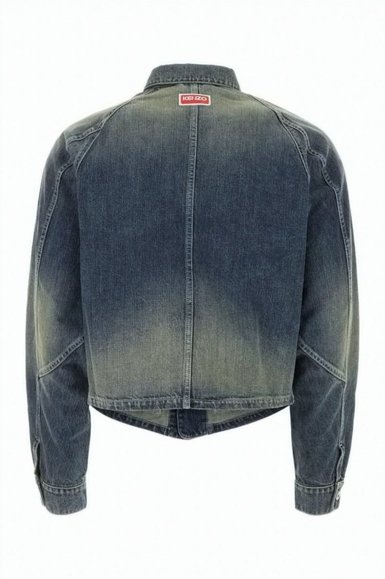Kenzo Cropped Denim Jacket With Vintage Wash And Signature Logo