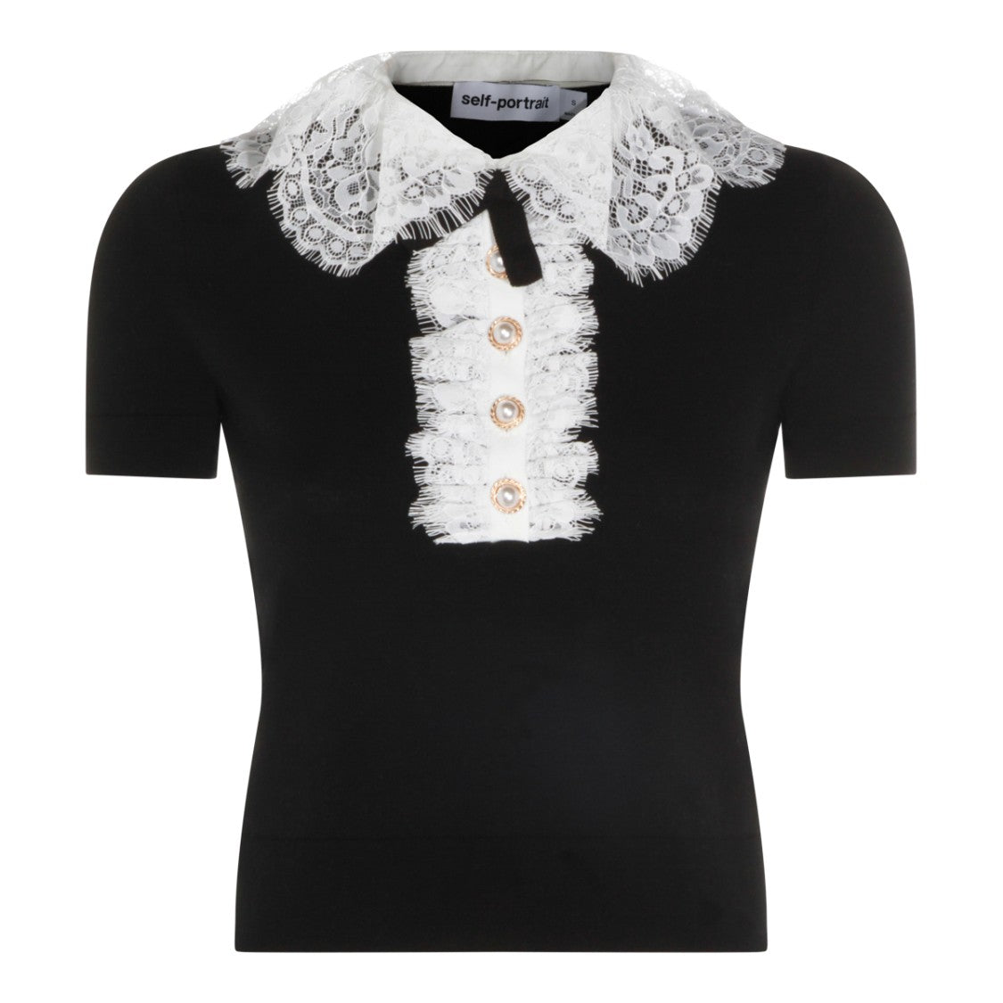 Self-Portrait Black Wool Knit Sweater With Lace Collar And Cropped Fit