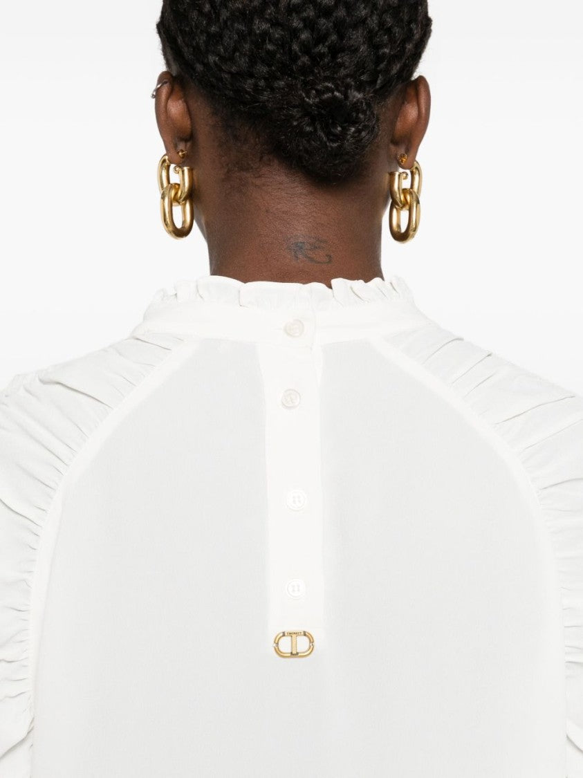 Twin-Set Textured White Blouse With Ruched Sleeves