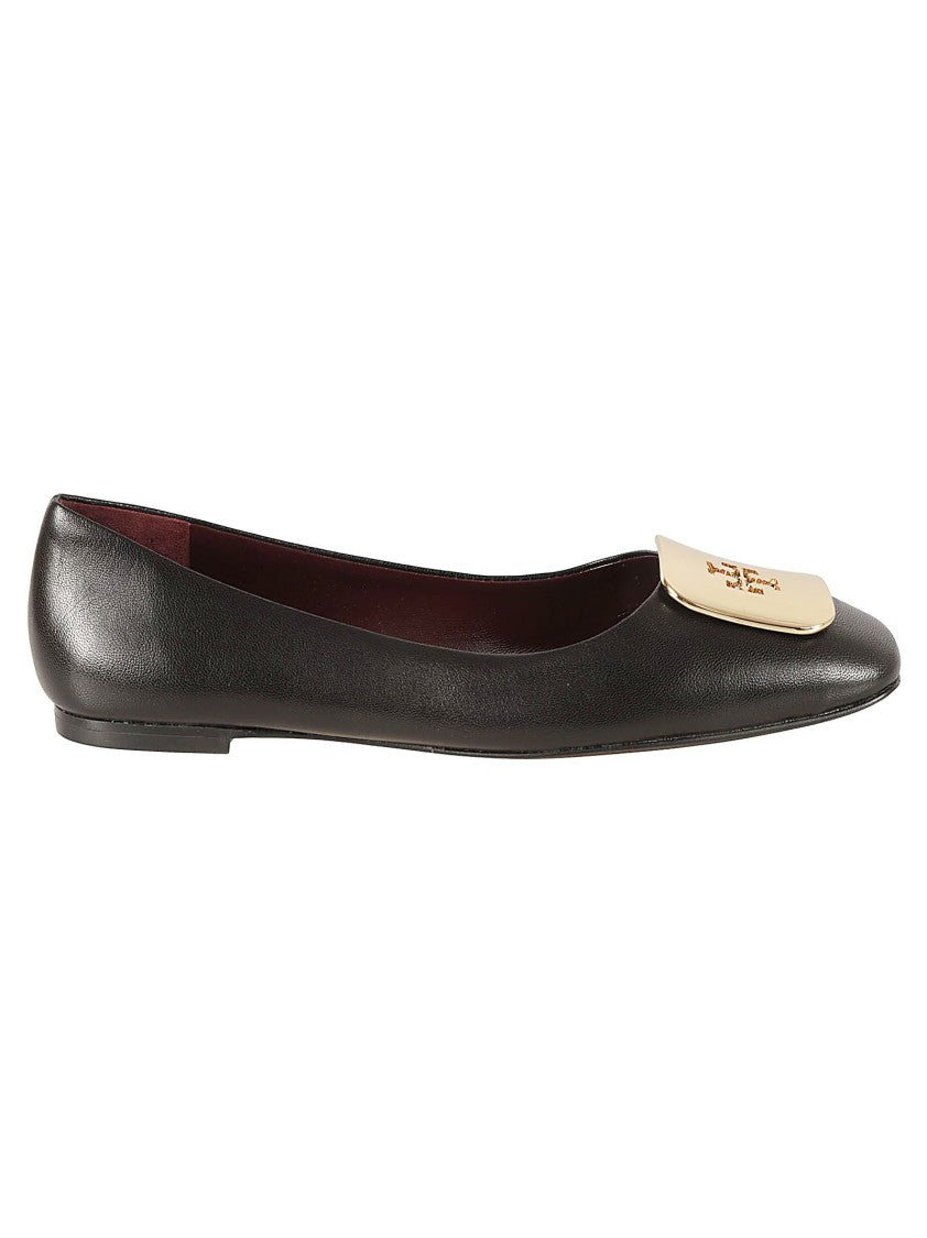 Tory Burch Rounded Toe Black Caprine Leather Flat Shoes