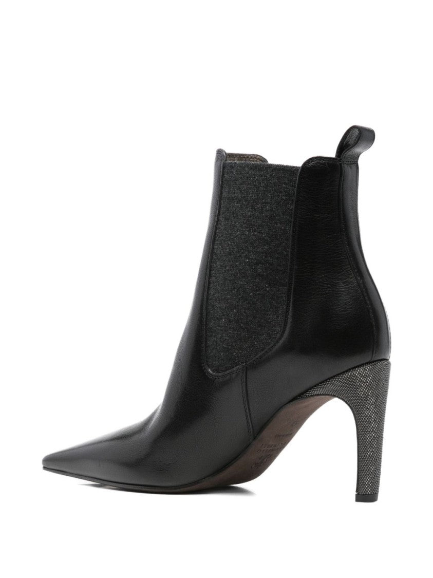 Brunello Cucinelli Pointed Toe Leather Ankle Boots With Stiletto Heel
