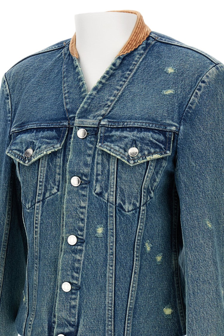 Tanaka Cropped Denim Jacket With Contrasting Tan Collar And Structured Detailing