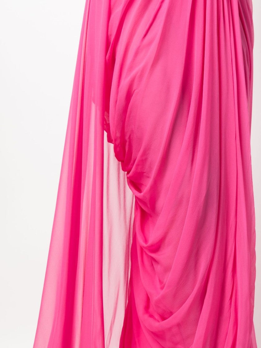 Alberta Ferretti Fuchsia Flowing Silk V-Neck Dress