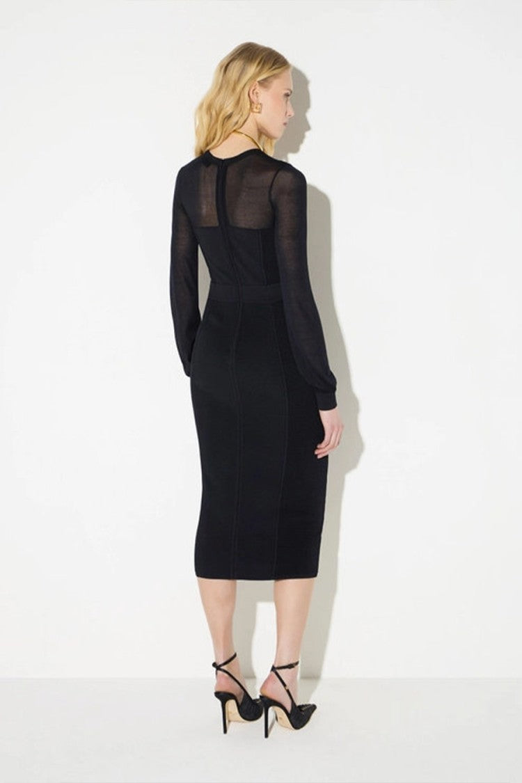 Elisabetta Franchi Black Viscose-Polyamide Blend Sheer-Yoke Midi Dress