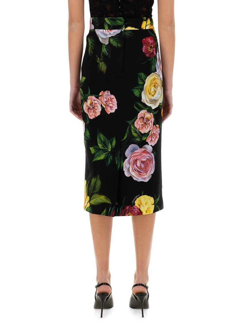 Dolce & Gabbana Peony And Rose Print Charmeuse Longuette Skirt