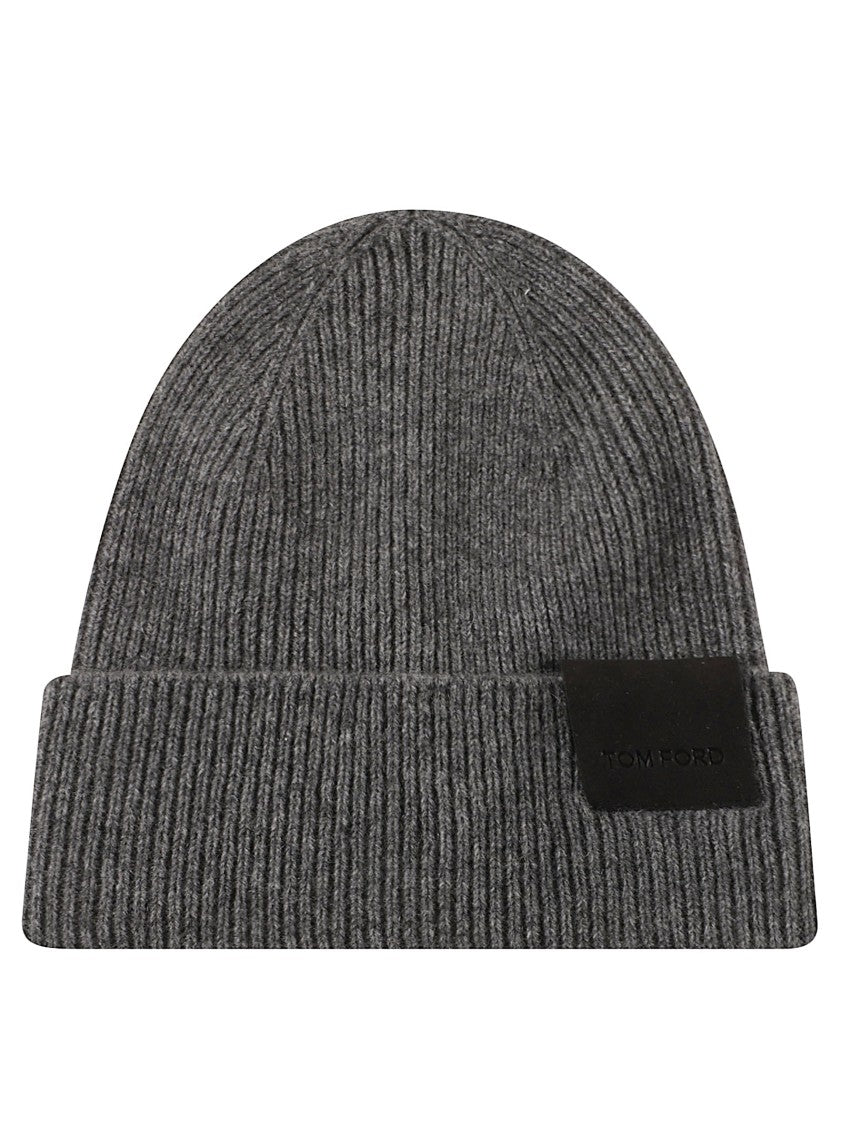 Tom Ford Ribbed Knit Beanie Hat With Folded Cuff And Rectangular Patch