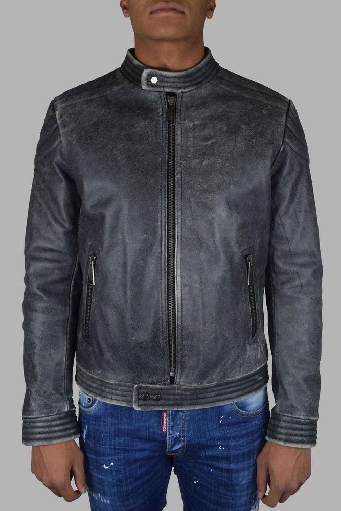 Philipp Plein Vintage-Effect Gray Leather Biker Jacket