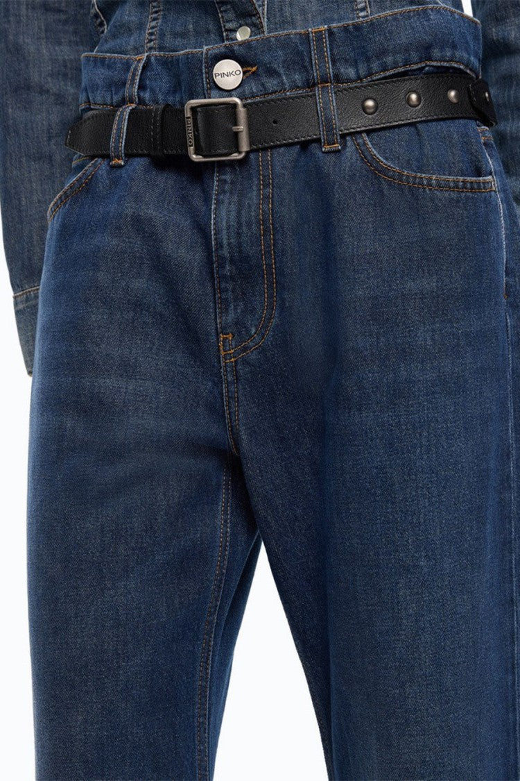 Pinko Blue Cotton Belted Wide-Leg Jeans