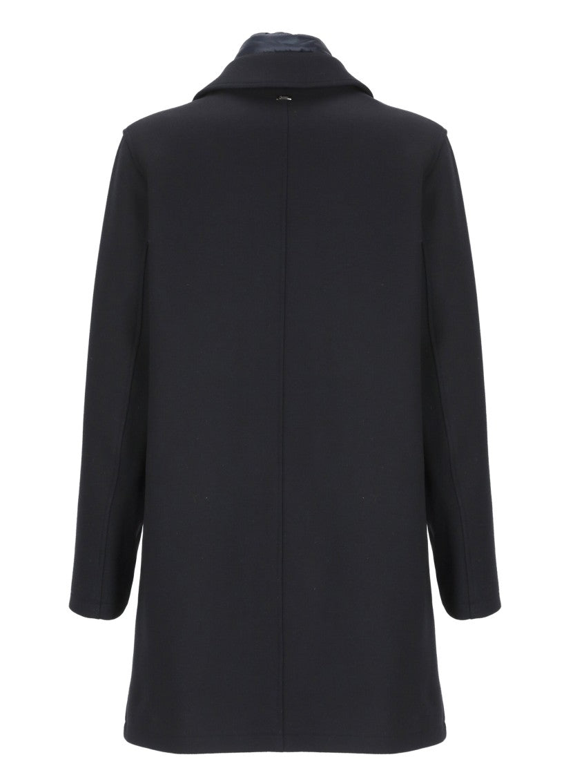 Herno Dark Blue Wool Blend Coat With Removable Lining And Classic Lapel