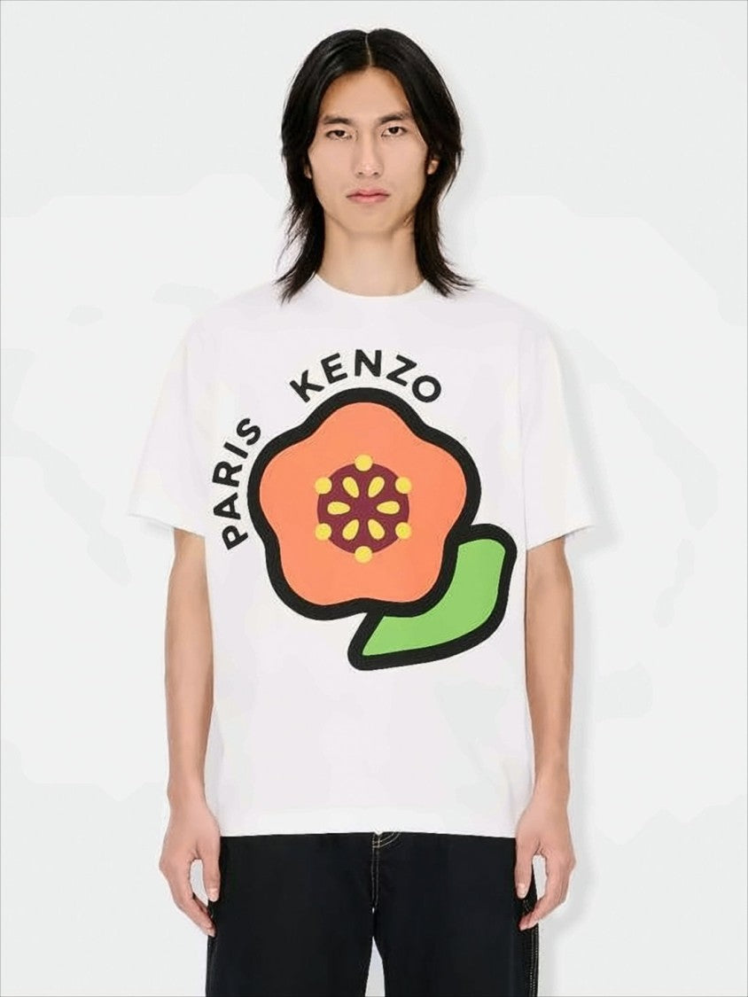 Kenzo Short-Sleeved White Cotton T-Shirt With Bold Floral Graphic