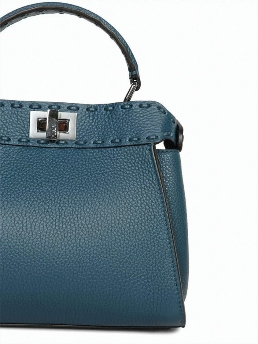 Fendi Structured Textured Blue Shoulder Bag