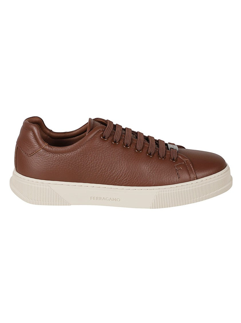Ferragamo Brown Smooth Calf Leather Low-Top Sneakers With Minimalist Design