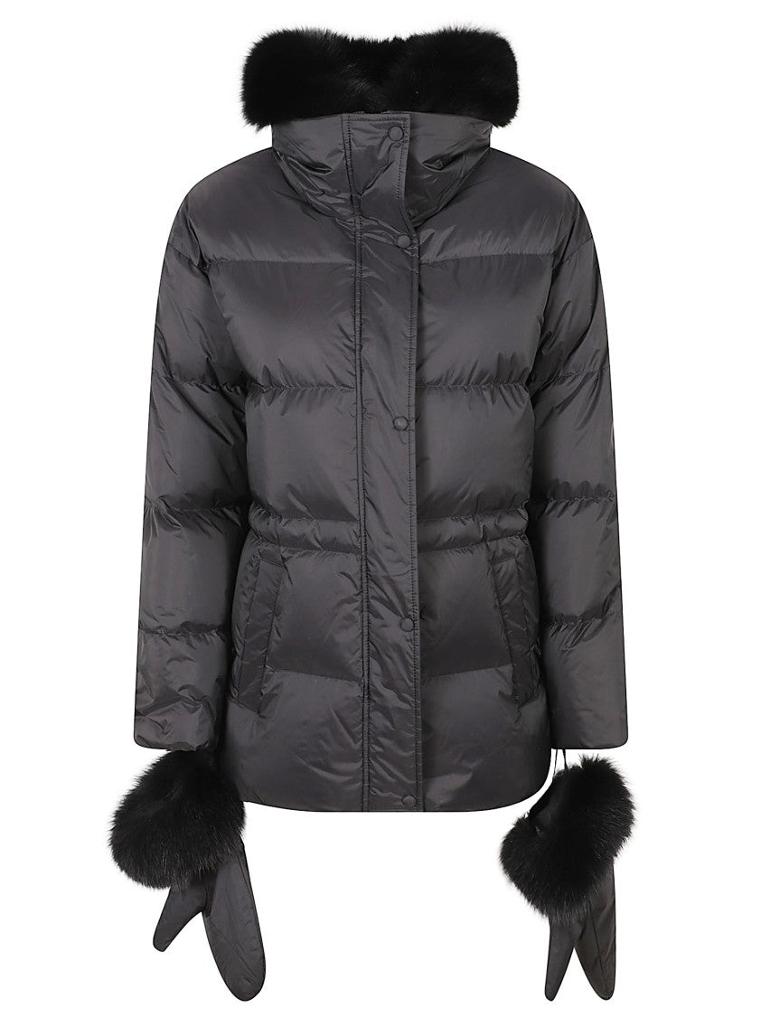 Yves Salomon Puffer Coat With Fur Trim And Front Zip Closure