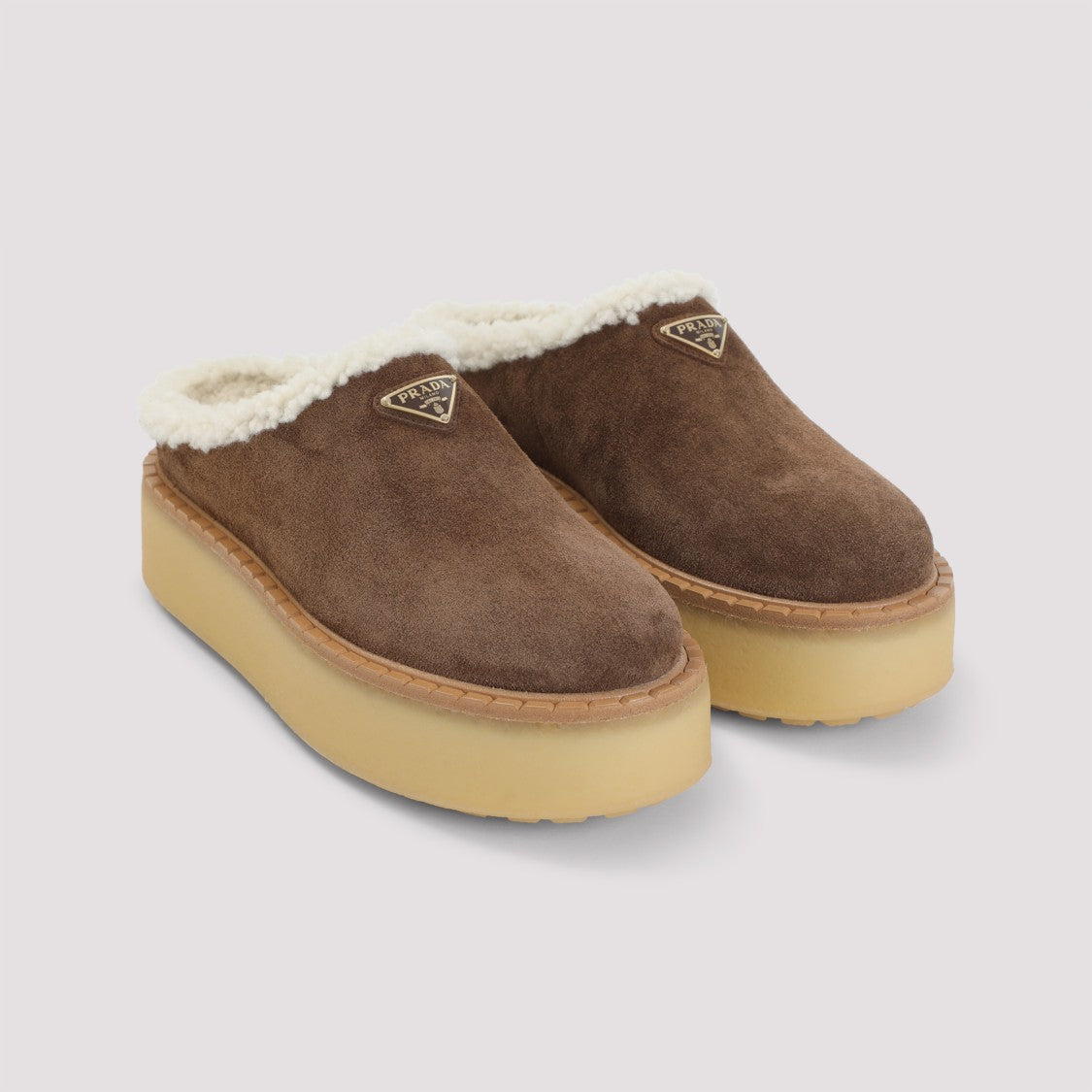 Prada Brown Slippers With Plush Shearling Lining