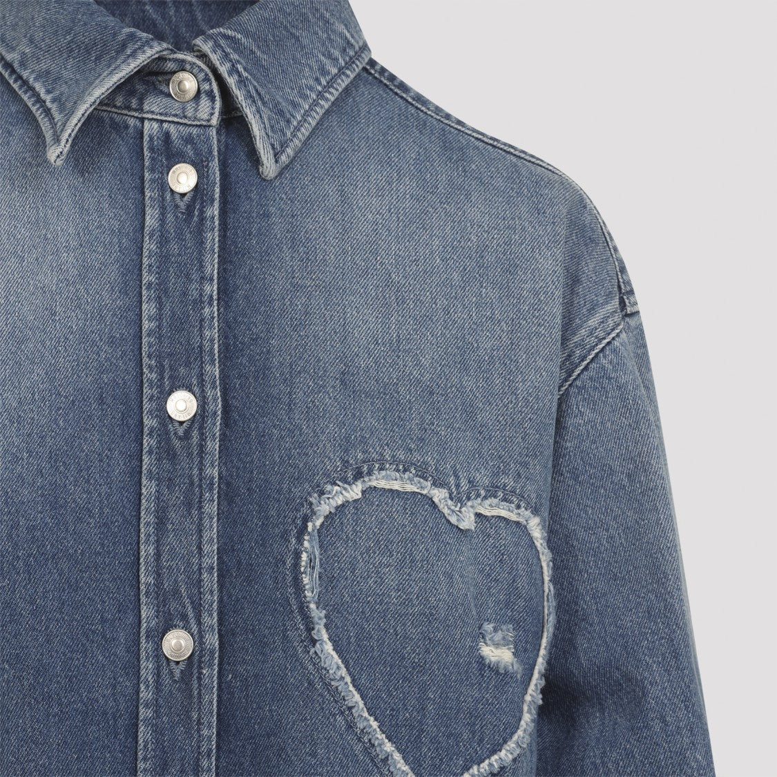 Moschino Long Sleeve Denim Shirt With Frayed Heart Patch