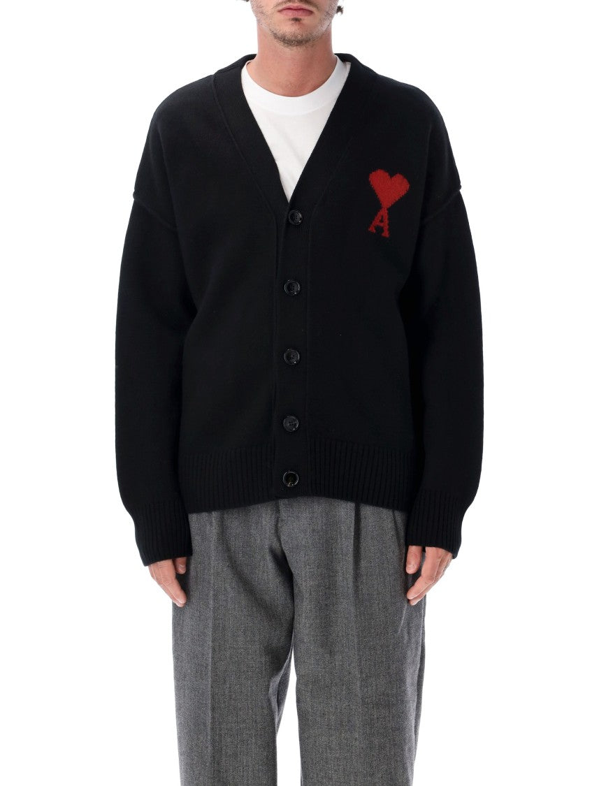 Ami Paris Adc Heart Intarsia V-Neck Wool Cardigan