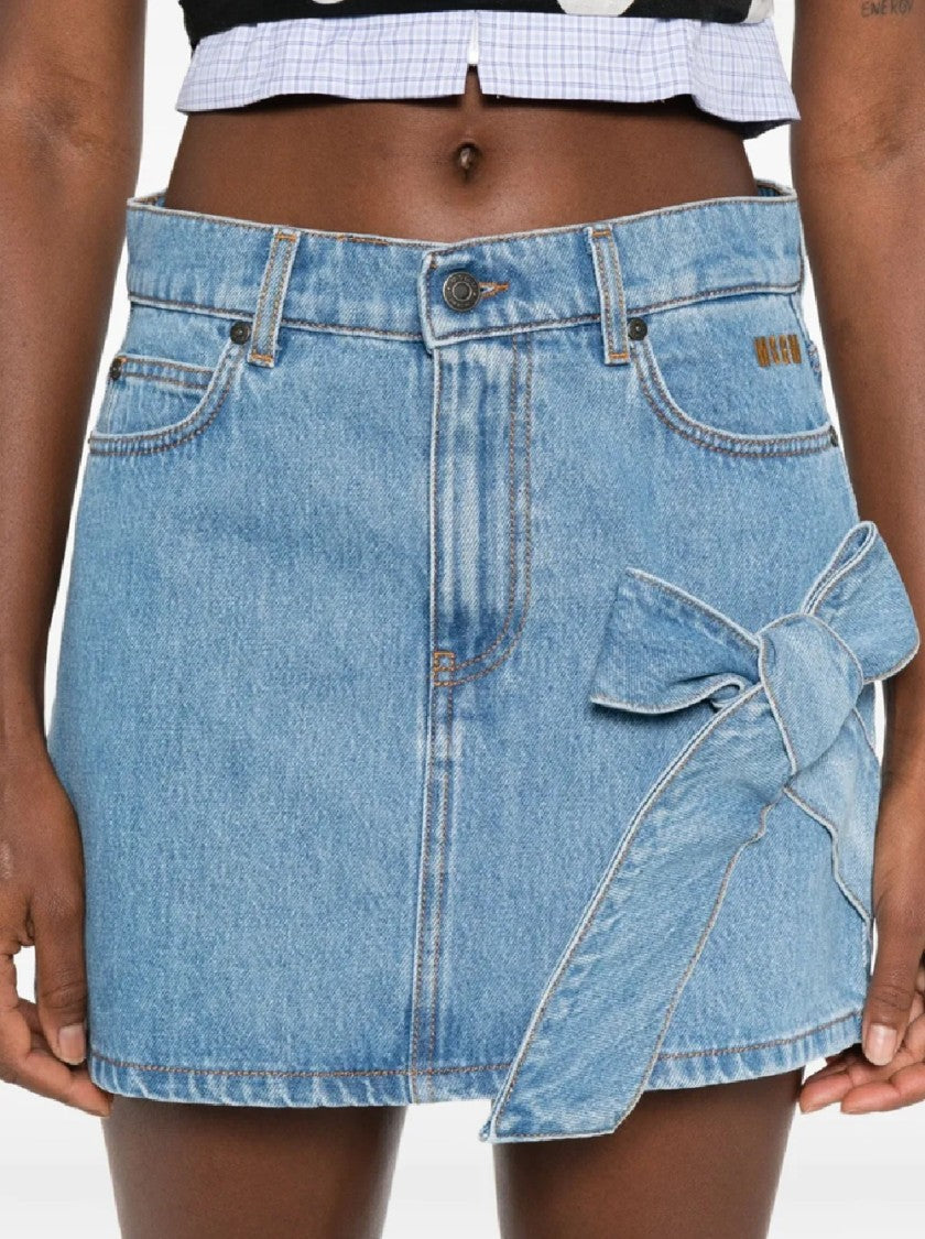 Msgm Light Blue High-Waisted Mini Denim Skirt With Bow Detail