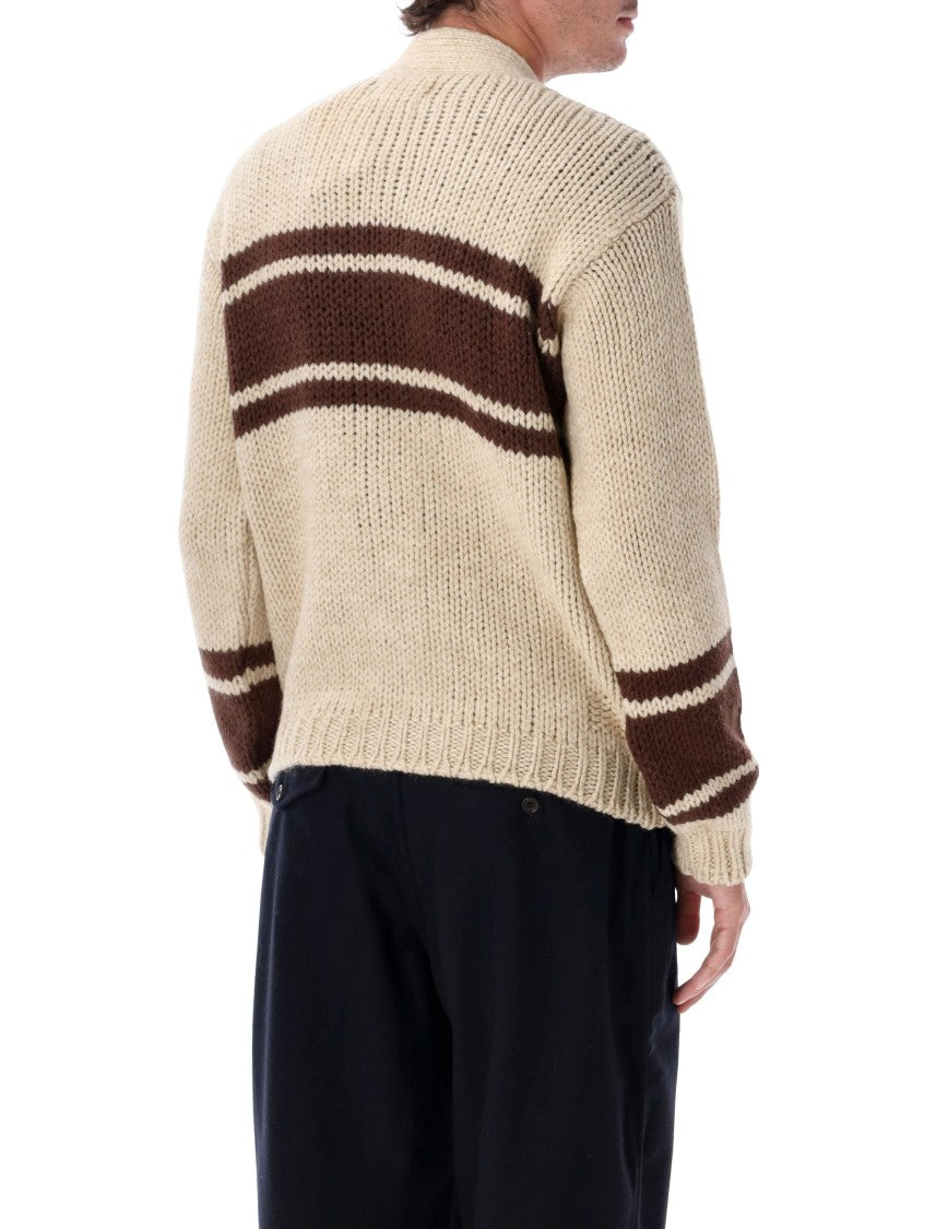 Universal Works Chunky Knit Cardigan With Contrasting Stripes And Heritage Aesthetic