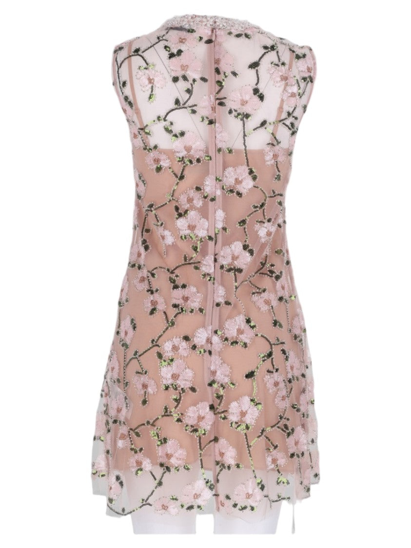 Self-Portrait Pink Floral Embroidered Sheer Overlay Polyester Mini Dress