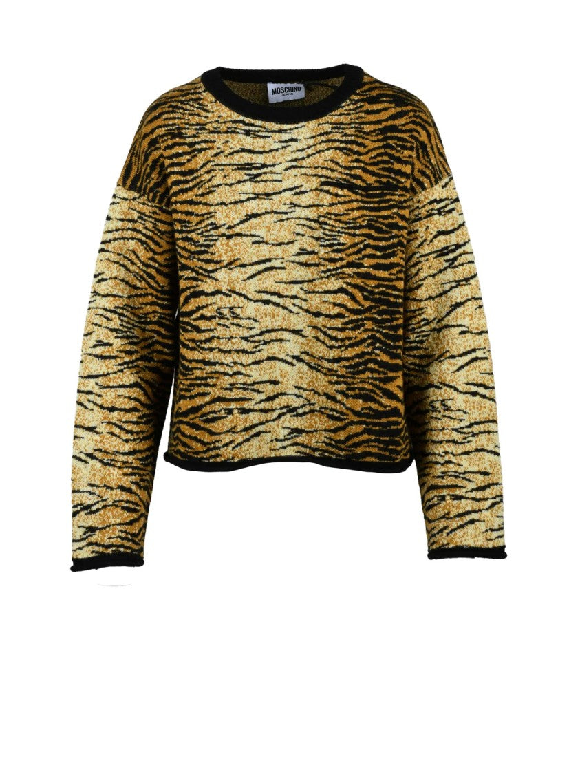 Mo5ch1no Jeans Crewneck Knit Sweater With Bold Tiger Stripe Design