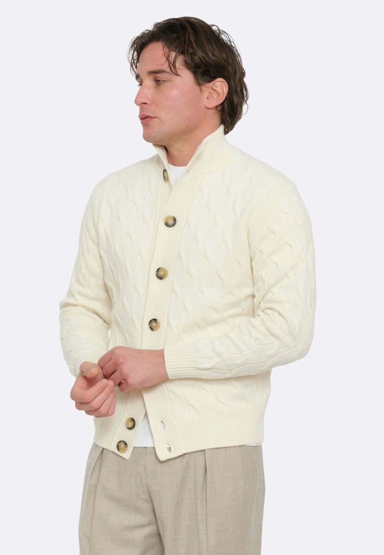 Paolo Fiorillo Capri Textured Cable Knit Cardigan With High Collar