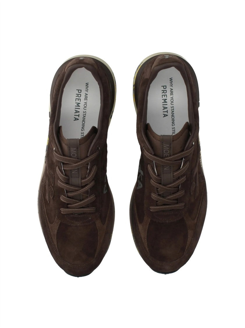 Premiata Rich Brown Suede Graphic Text Sneakers