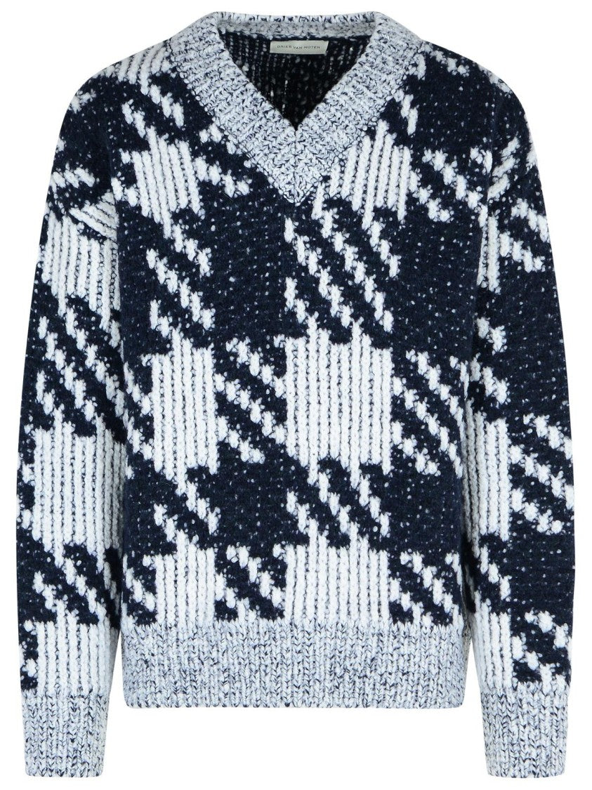 Dries Van Noten White And Navy 'Macao' Wool And Alpaca Sweater