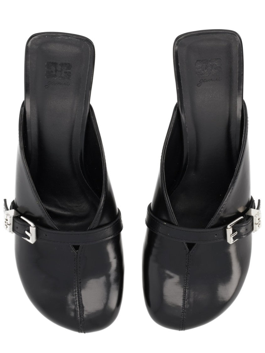 Ganni Black Glossy Buckle Mules