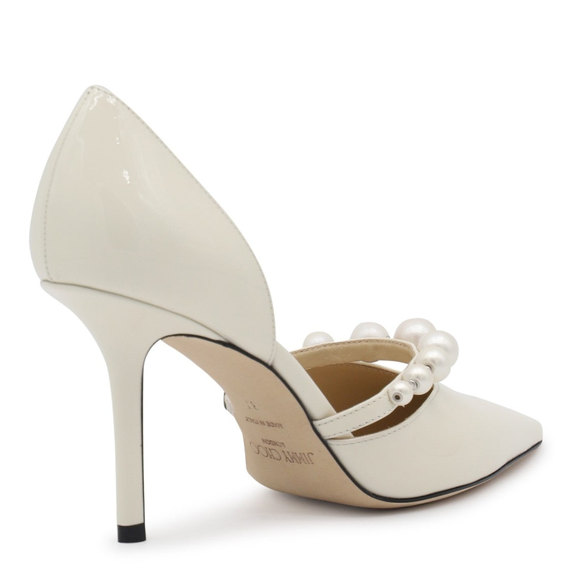Jimmy Choo Patent Leather White Aurelie 85 Pumps With Pearl Embellishments