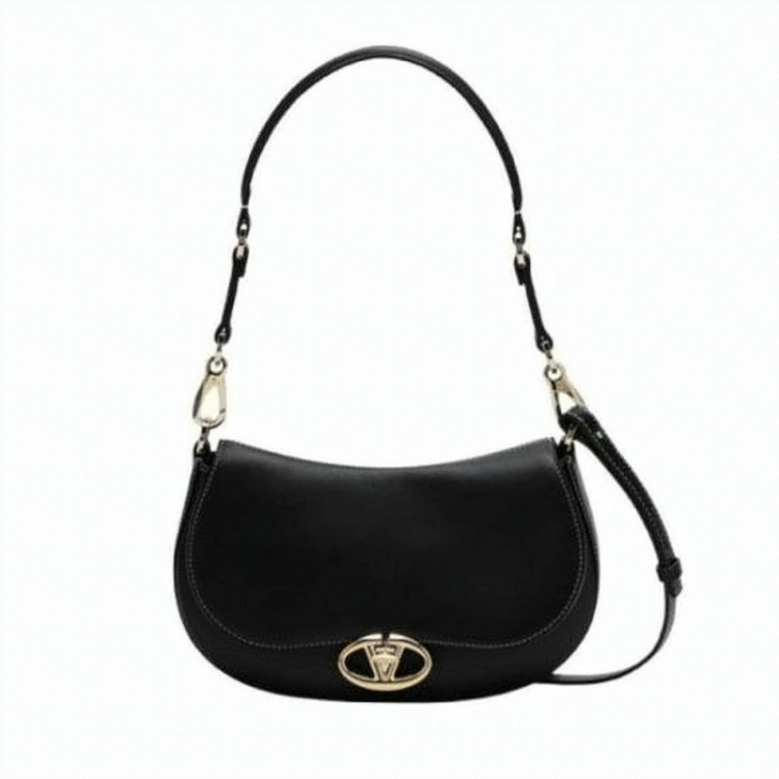 Valentino Garavani Curved Black Calf Leather Shoulder Bag