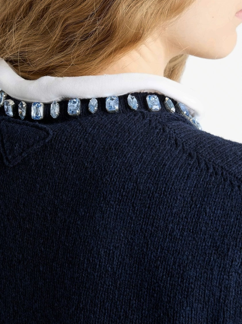 Prada Black Wool-Cashmere Jewel Embellished Sweater
