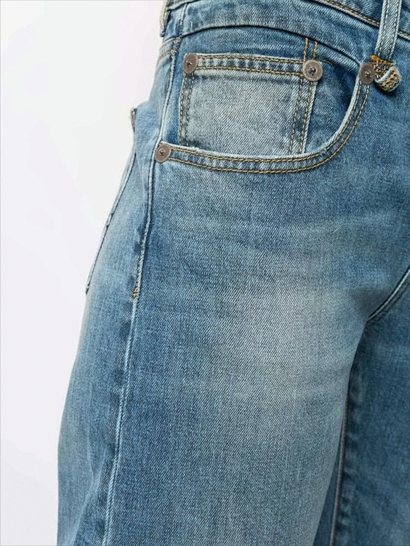 R13 Cropped Relaxed Fit Denim Pants With Flared Legs And Raw Hems