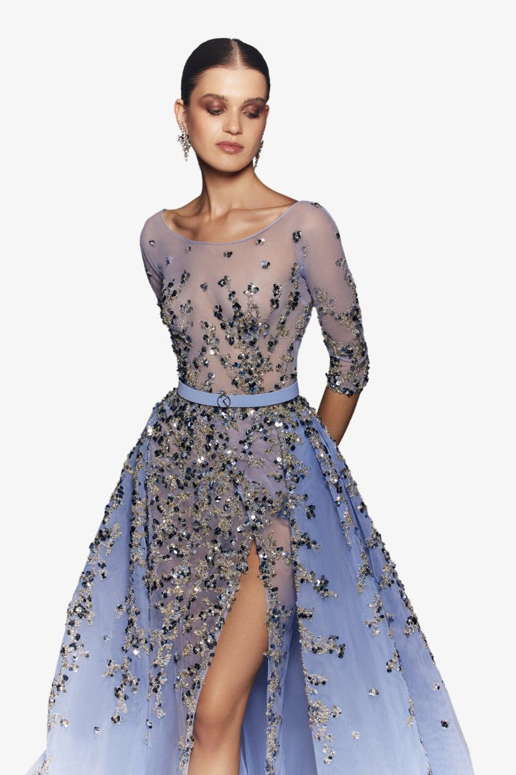 Saiid Kobeisy Tulle Beaded Dress With Envelope Skirt And Overskirt