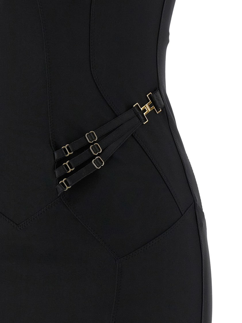 Elisabetta Franchi Corset-Inspired Midi Dress With Tulle Inserts And Adjustable Straps