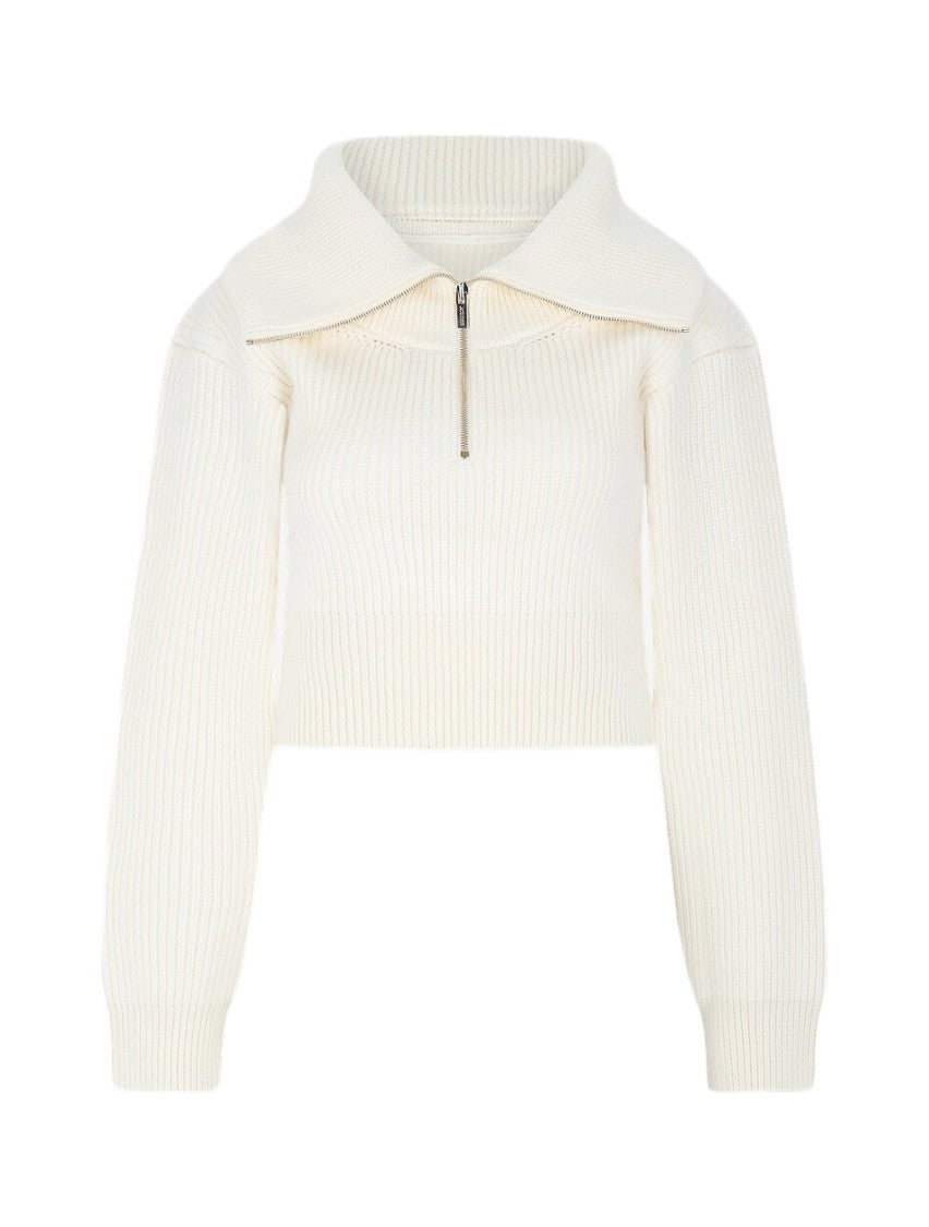 Jacquemus Cropped White Sweater With Wide Folded Collar