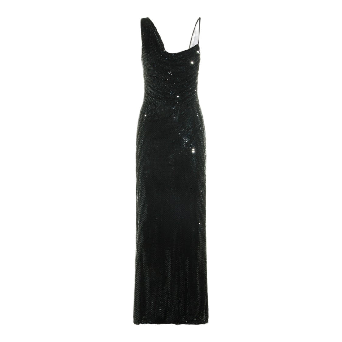 Self-Portrait One-Shoulder Black Sequin Evening Dress With Draped Neckline