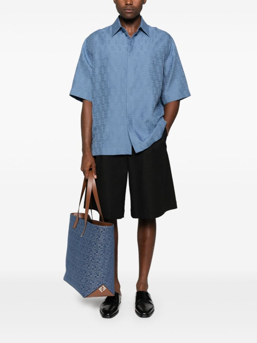 Fendi Oversized Short-Sleeved Shirt In Light Blue Linen Ff Jacquard